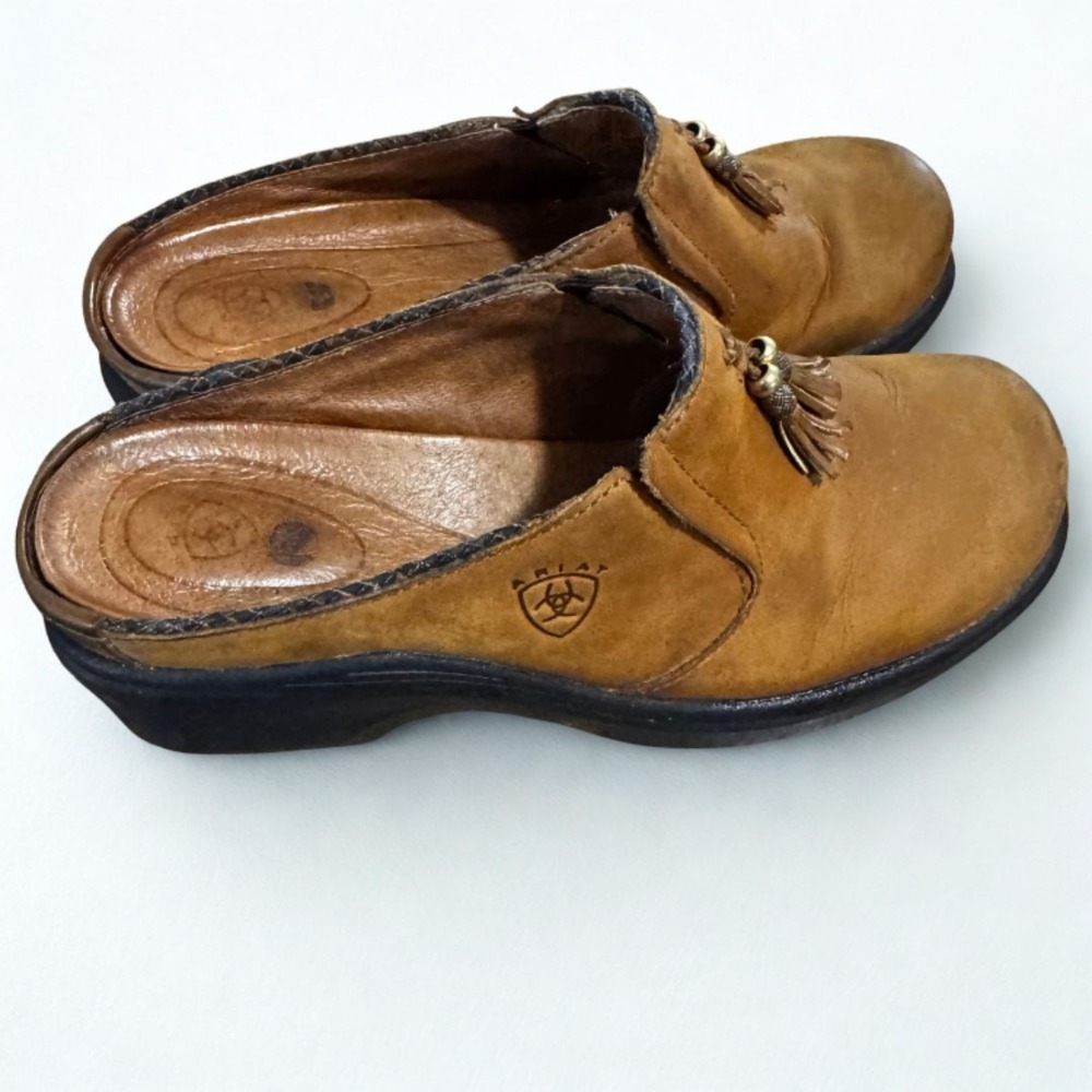 Ariat Womens Size 6.5 Leather Tassel Clog Mules Tan Brown Western Slip On Shoes